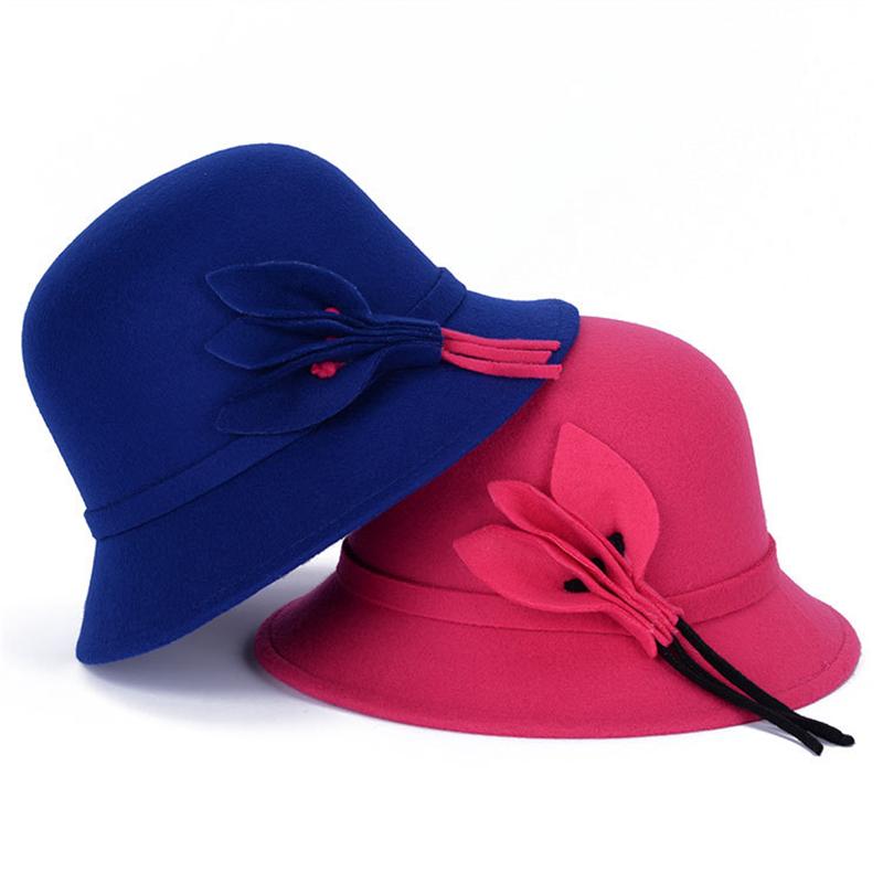 

6 Colors Elegant Floral Women Solid Color Wool Felt Cloche Hats Vintage Western Bucket Hats Warm Female Fashion Bowler, Black