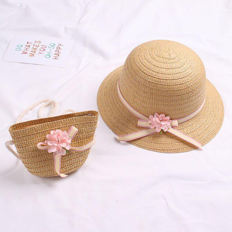 

Japanese Baby Girls Summer Straw Sun Visor Hat With Zipper Shoulder Bag Sweet Candy Color Floral Bowknot UV Protection Panama Be Wide Brim H, Blue;gray
