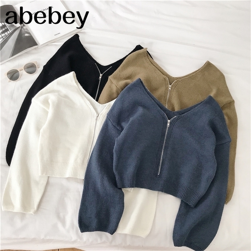 

Long Sleeve`Winter Tops For Women Casual Chic Zipper Knitted Sweater Women White Black Korean Short Sweaters Womens Autumn 201130