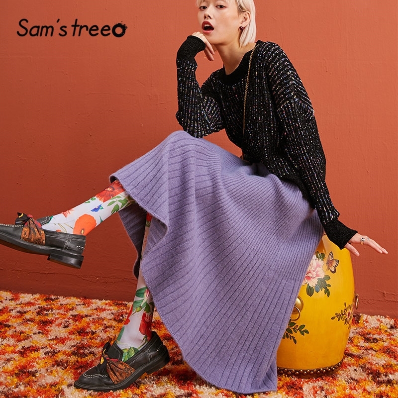 

SAM'S TREE Multicolor Solid Minimalist Style Knitted Long Skirt Women Winter Pure High Waist Casual Office Ladies Skirts Y200326, Purple