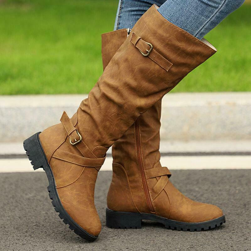 

Womens knight Mid Calf Boots faux Suede Buckle Low Heel Shoes, Black