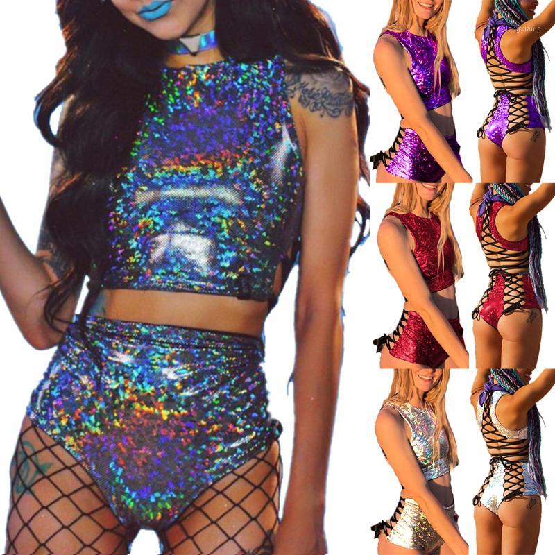 

Festival Queen Holographic Crop Top and Hot Shorts Two Piece Set Sexy Lace Up Festival Party Rave Clothing Women 2 Piece Sets1, White