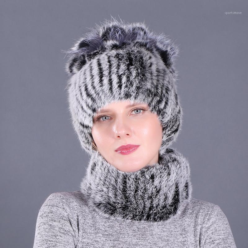 

Newest Elastic Knitted Fur Beanies And Collars with Pomom Genuine Fur Winter lady Cap Real Hat & Scarf1