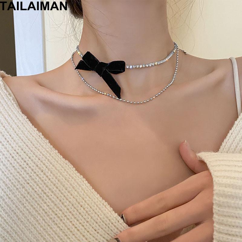 

Chokers 2021 Bow Double-Layer Necklace Female Simple Light Luxury Wild Retro Design Sense Ins Clavicle Chain Choker Collar Banquet