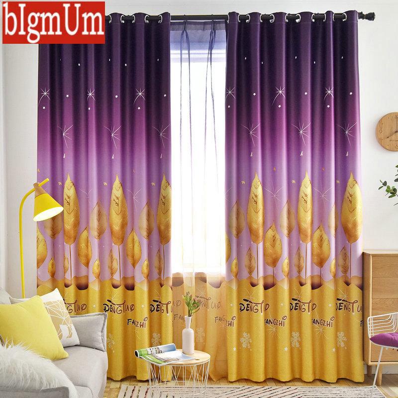 

3D Printed Blackout Curtains for LivingRoom Kitchen Kids Golden Leaves Pattern Drapes Purple Blue Rideaux Tende, Tulle 1