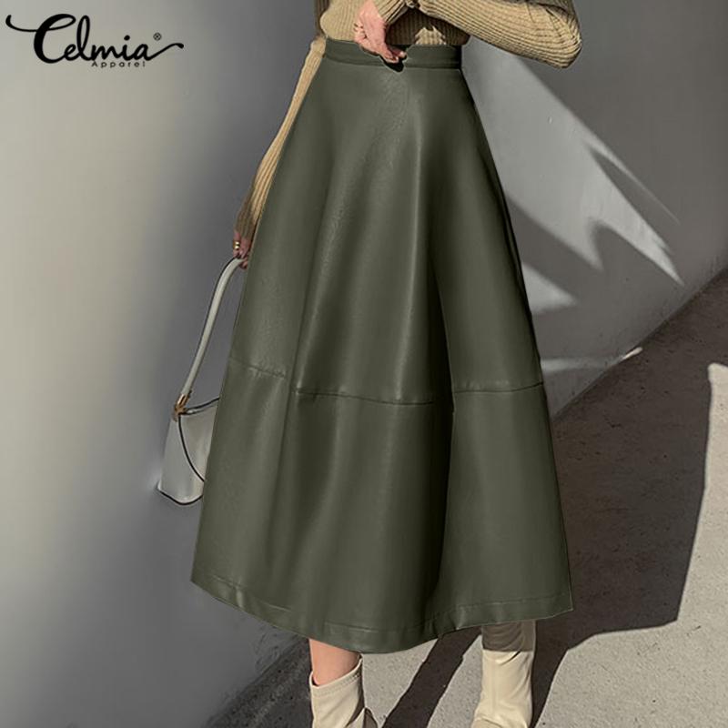 

Women Fashion High Waist A-Line Skirts Celmia PU Leather Casual Loose Solid Long Midi Skirt 2020 Vintage Street Office Skirt 5XL, Black