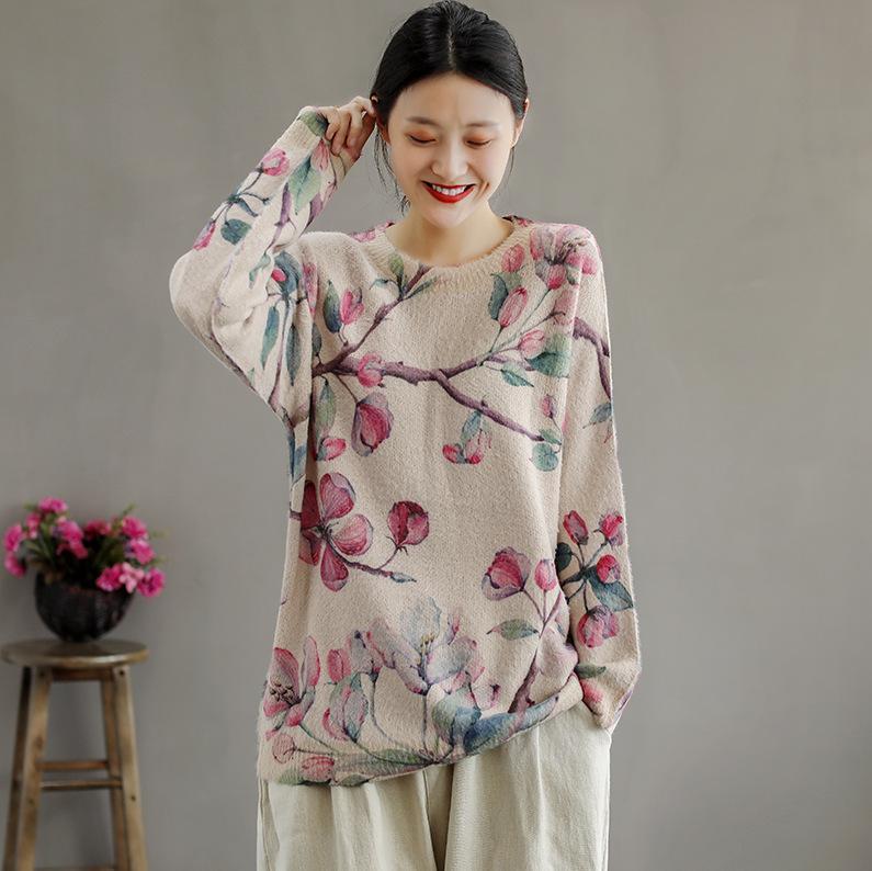 

Autumn National Retro Pullovers Mujer O-Neck Full Sleeve Casual Knitwear Thin Tops Long Sleeve Female Floral Sweater Loose Pull