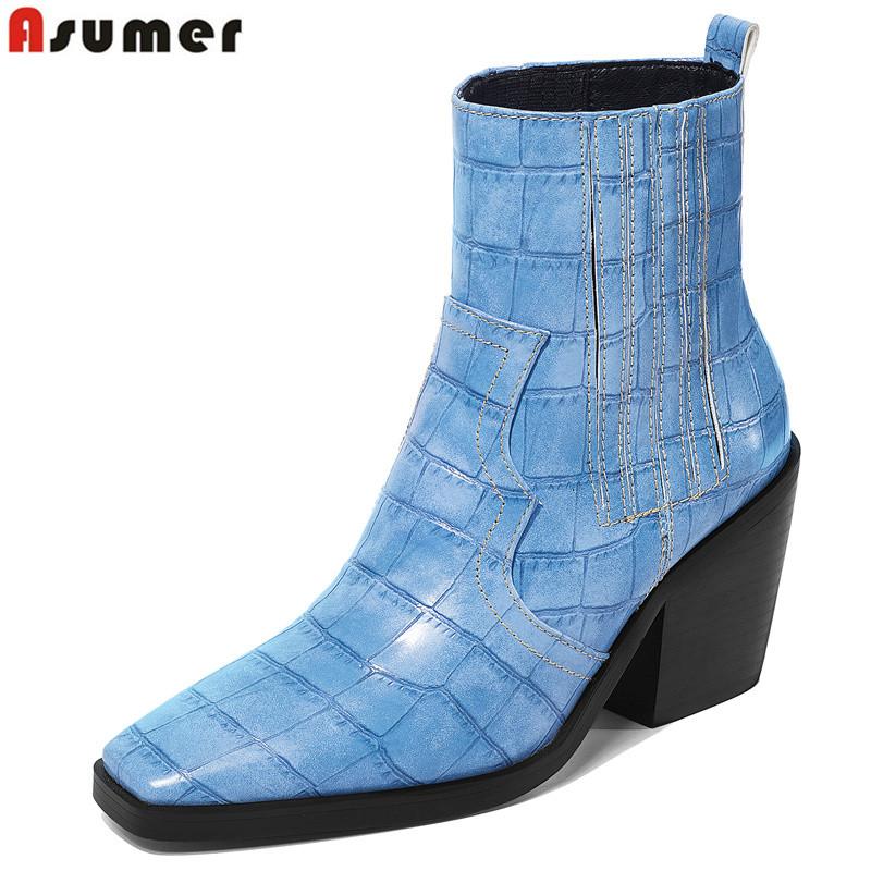 

ASUMER big size 34-43 women boots square toe slip on thick high heels autumn boots female classic ankle for women 2020, White