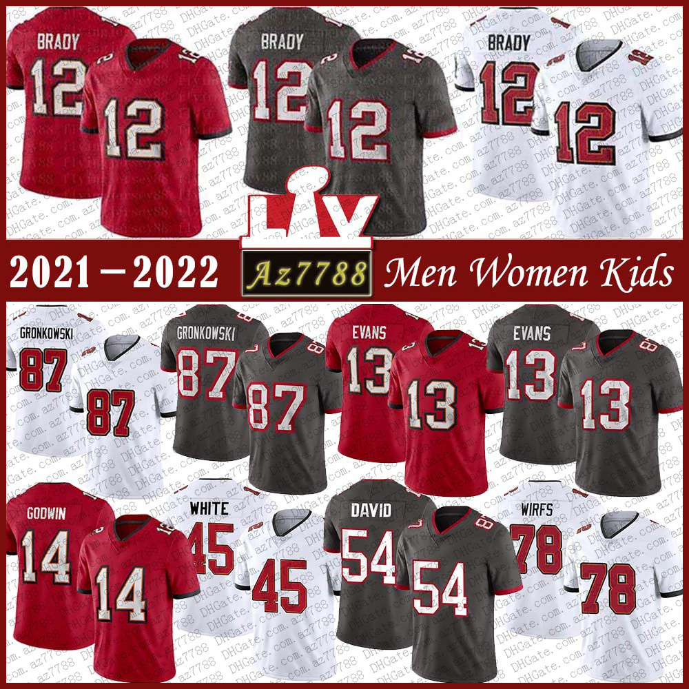 

TB Bucs 12 Tom Brady 87 Rob Gronkowski Men Women Kid Youth Football Jersey 13 Mike Evans 14 Chris Godwin 45 Devin White 54 Lavonte David 78, Black;red