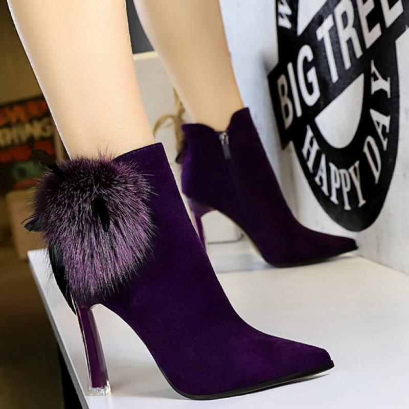 

Winter Women's New Hairball Ankle Boots Women Transparent Heel Lady Pumps Zipper Female Solid Color Casual Lady Short Boots, Khaki