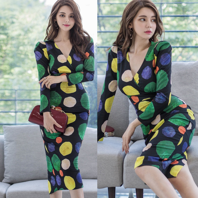 

2021 New Elegant V-neck Long Sleeve Vintage Slim Women Dot Midi Female Vestidos Work Business Bb3v, The picture color