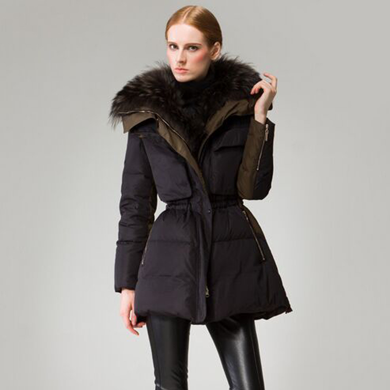 

2021 New Qualidade Para Luxo Grande Gola Pele De Guaxinim Naturais Grossas Mulheres Magras Parkas Pato Branco C2WK, Black