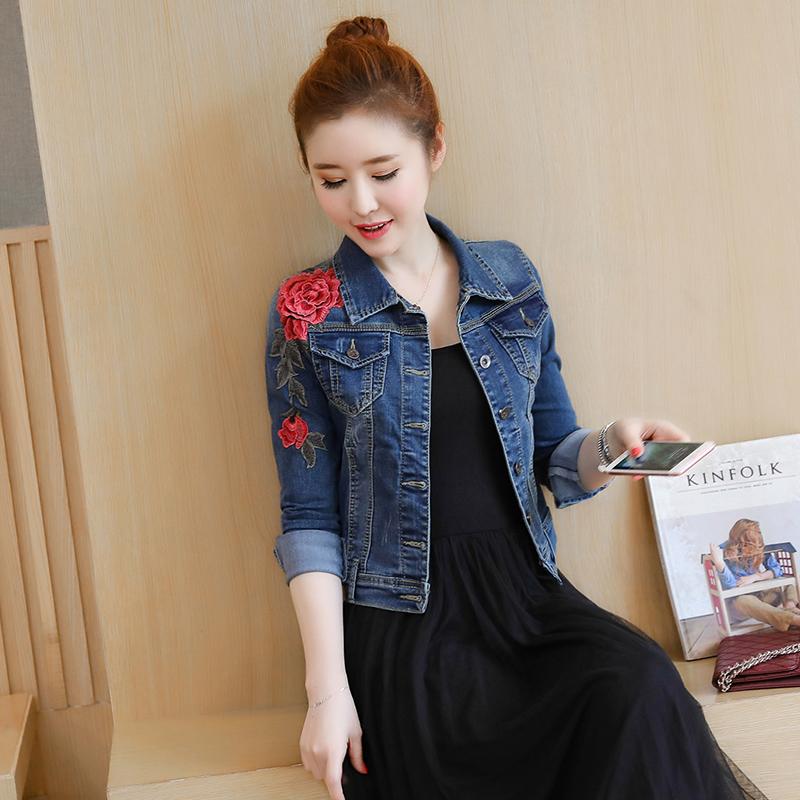 

Flower Embroidery Denim Jacket Women Coat 2020 Autumn Basic Jackets Hole Flower Jean Jacket Vintage Outerwear, Dark blue