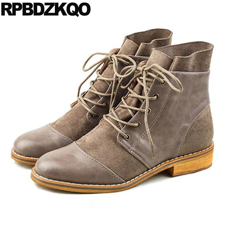 

flat fur booties women front lace up casual ankle boots autumn winter shoes combat 2020 round toe trend suede cheap, Khaki