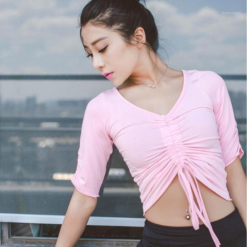 

CHU YOGA Women Quick Dry T-Shirt Fitness Training Sports yogo Draw string stretch tops Two through type Half Sleeve Shirts T13081, Black