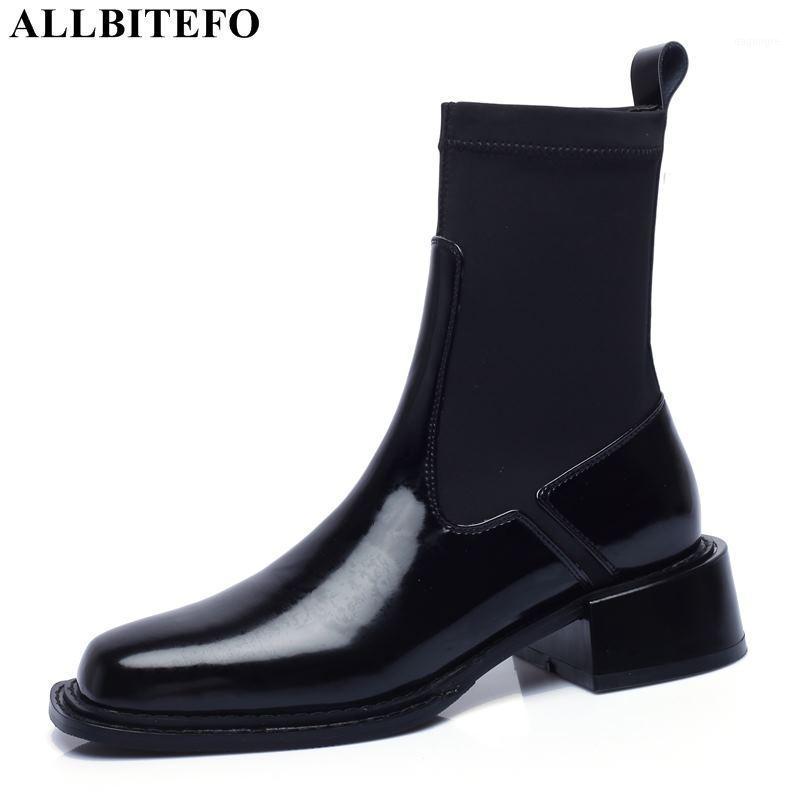 

ALLBITEFO square toe genuine leather brand high heels ankle boots for women thick heels autumn women boots girls shoes1, Patent leather