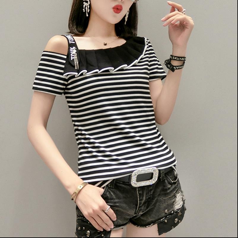 

2021 summer fashion slash neck ruffles t shirt women cotton off shoulder korean clothes shirt ropa mujer tees t01001, White