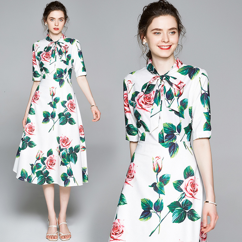 

2021 High Quality New Summer Fashion Designer Runway Women' Short Sleeve Bow Tie Charming Print Holiday Bieg, Green