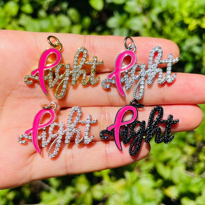 

Charms 5pcs FIGHT Word Charm For Women Bracelet Making Letter Pendant Necklace Pink Ribbon Breast Cancer Awareness Jewelry Finding DIY
