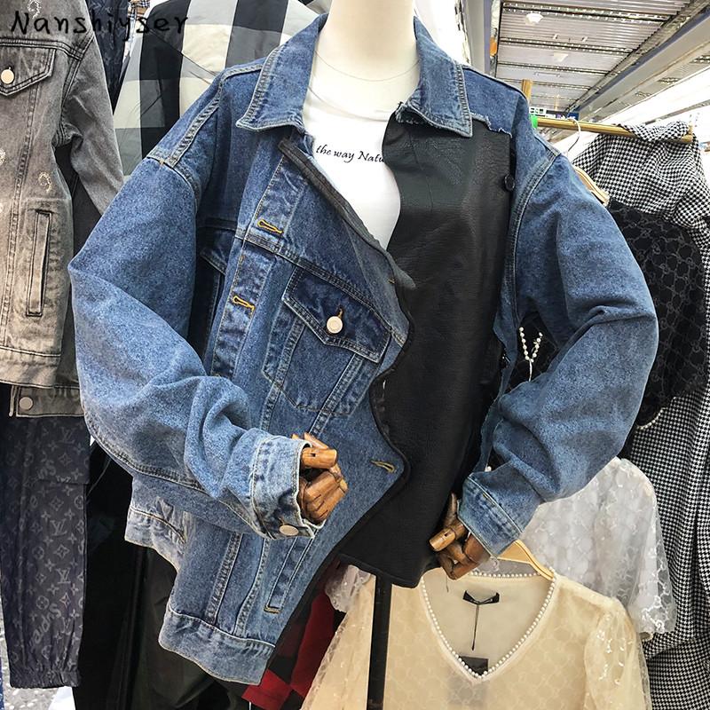 

Autumn Women Loose Vintage Faux PU leather Splicing Denim jacket Casual Fashion Chaqueta mujer Plus size Kurtka jeansowa damska, Blue