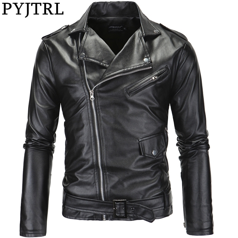 

PYJTRL Men's Motorcycle Slim Casual Zipper PU Leather Jacket Streetwear Clothes 201124, Black