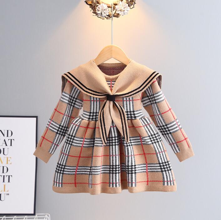 

Great Quality Baby Girls Knitted Plaid Sweaters Dresses Spring Autumn Girl Long Sleeve Princess Dress Kids College Style Knitting Dress 2-7 Years, Dark blue