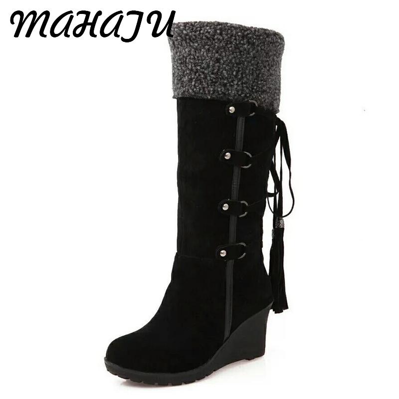 

2021 Snow Boots Women Winter Shoes Warm Cotton Shoes Cold Winter Knee High Boots Ladies Wedge Heels 7cm Plus Size YX1940, Black