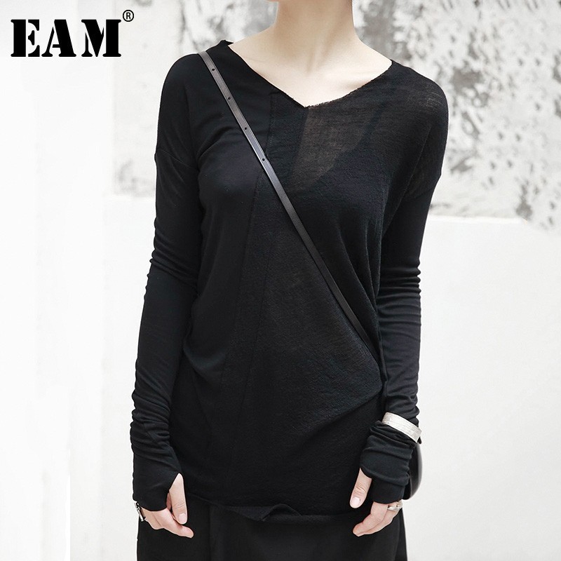 

[EAM] New Spring Autumn V-collar Long Sleeve Half Split Joint Perspective Loose Thin T-shirt Women Fashion Tide JI101 201125, Black