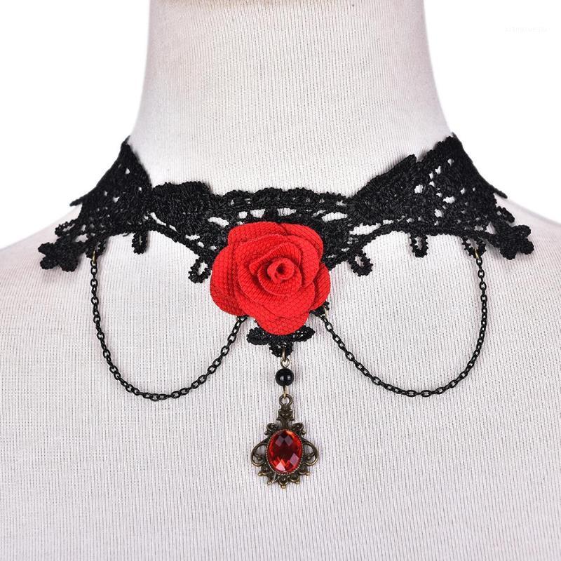 

Chokers 1pc Chain Pendant For Wedding Fashion Women Retro Goth Rose Flower Lace Necklace Collar Choker, Golden;silver
