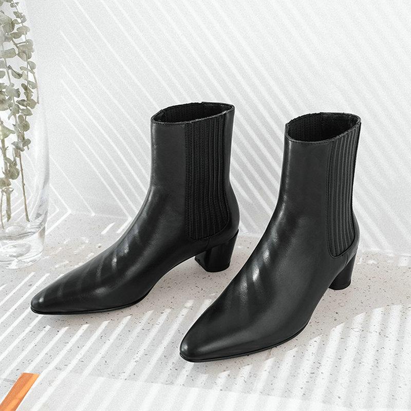 

EshtonShero Shoes Woman Women Ankle Boots Square Med Heels Leather Pointed Toe Classic Ladies Motorcycle Riding Boots Size 3-8, Black