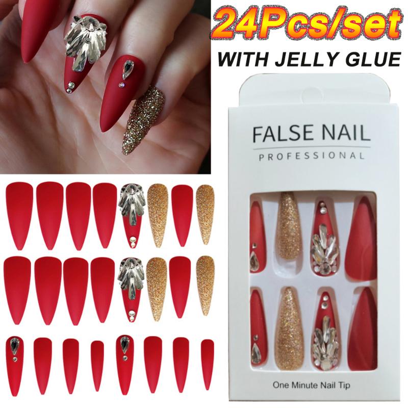 

24Pcs Matte Long False Nails Glitter Crystal Decor Red Fake Nails Gold Bling Press on Acrylic Nail Art Tips Manicure