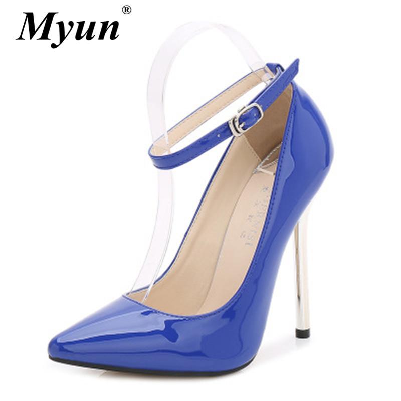 

Size 35-44 Women Pumps Elegant Patent Leather Pointed Toe High Heels Shoes Fashion Sexy Female Ankle-Wrap Wedding Party Shoes, Blue