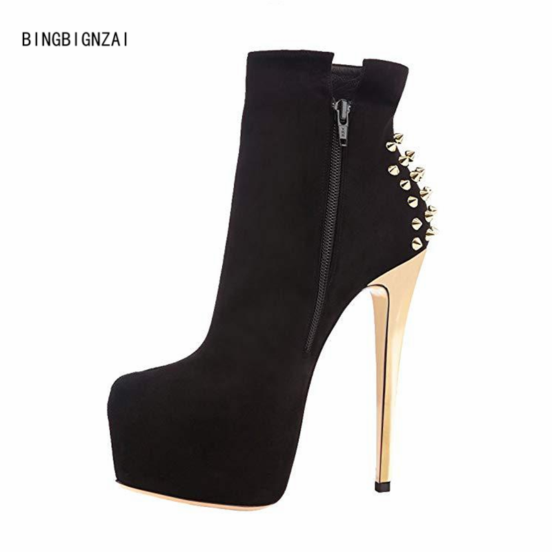 

BBZAI The New winter Short boots Women's Boots model rivet ladies shoes New pattern 16CM Stiletto heels Nightclub 4-13 14, Black