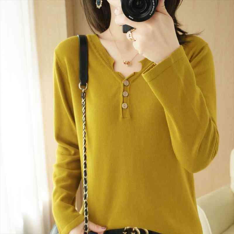 

Selling 100% Cotton Womens Spring And Autumn Long-sleeved Loose Short Solid Color Knitted V-neck Pullover Bottoming Shirt, White;black