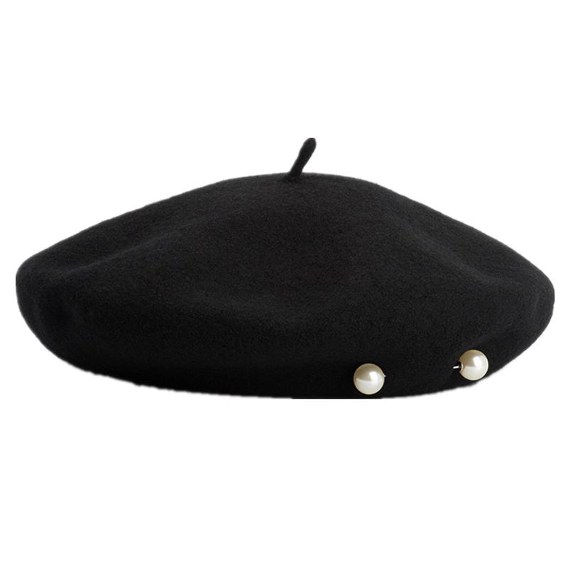 

Retro big pearl Riding cap high quality wool pearl pin black beret lady beret cap women leisure Pumpkin hat