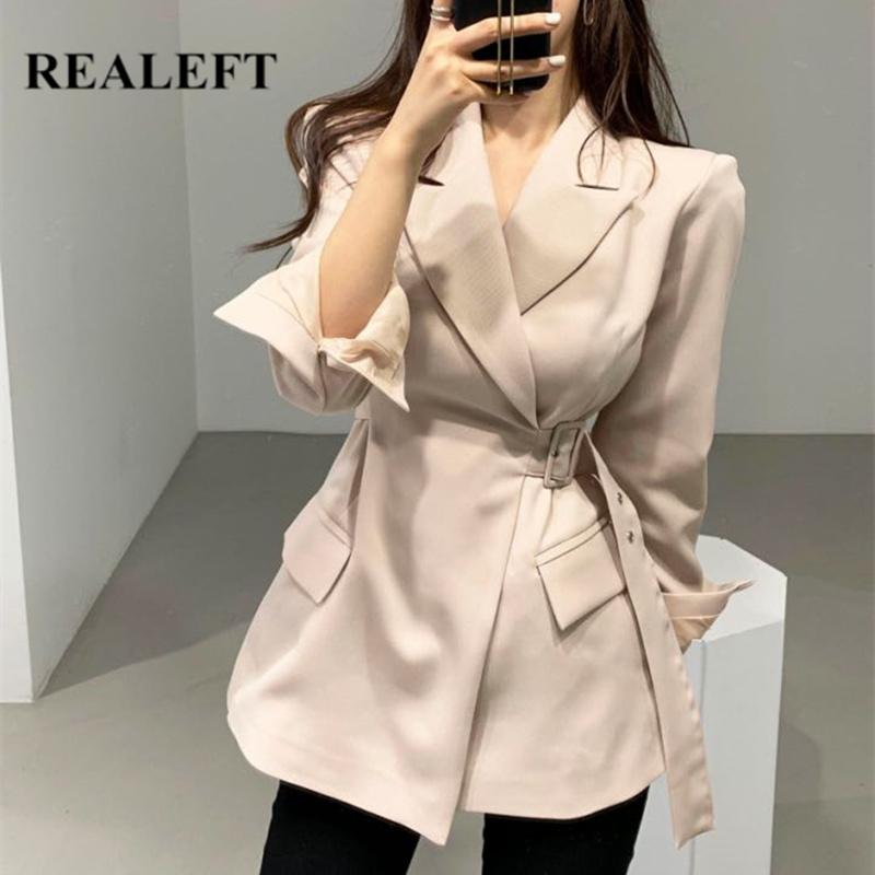 

REALEFT New 2021 Autumn Winter Chic Formal Women's Blazer Side Sashes Long Sleeve Women's Jacket Office Lady Outwear Female, Black