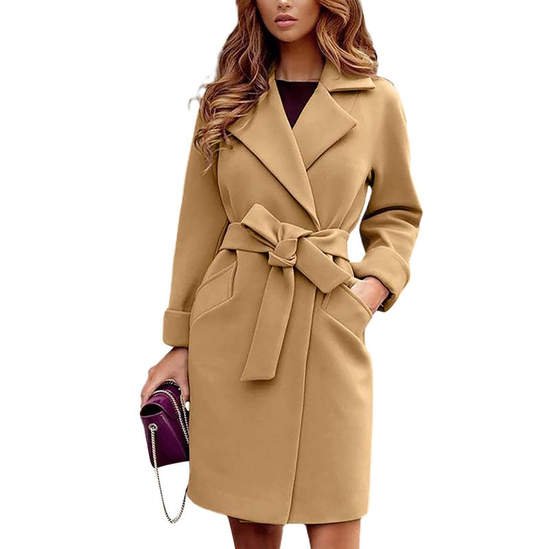 

Women's Trench Coats Female Woolen Coat Solid Color Lapel Long Sleeve Jacket With Waist Belt For Winter Khaki/Gray/Black S//L/XL/XXL, Tan;black