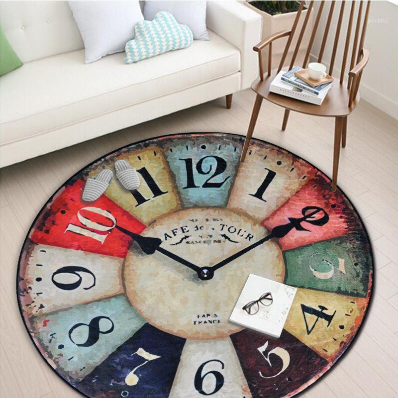 

Vintage Creative Wall Clock Printed Round Carpet Entrance DoorMat Porch Bathroom Mat Anti-Slip Wear-Resisting Kitchen Rug1, 02