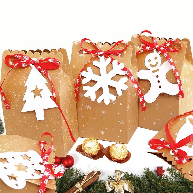 

5pcs Christmas Gift Boxes Snowflake Kraft Paper Box Bag Xmas Party Favor Cookie Candy Boxes with Ribbon