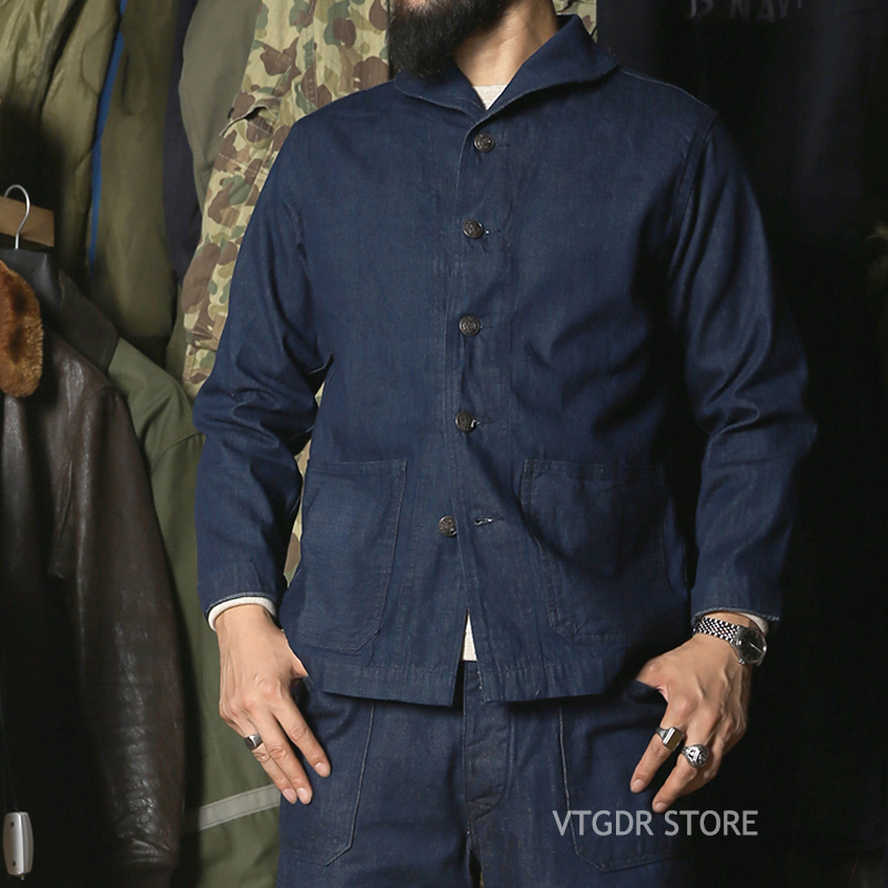 

repro necklace dungaree for men, vintage denim coat, shawl, 1922 9FX3, Denim blue.