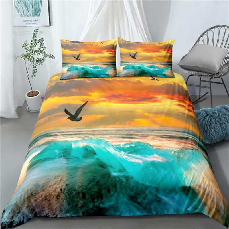 

3D Wave Ocean Scenic Bedding Set Colorful Quilt Cover With Pillowcase Comforter Microfiber Bedspreads Queen King Size, As picture