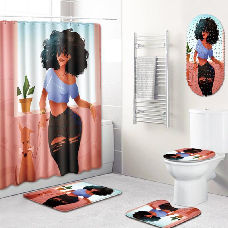 

New 5Pcs Set African Woman Bathroom Mat Curtain Set Non-Slip Rug + Lid Toilet Cover + Bath Mat Bath Shower Curtain1