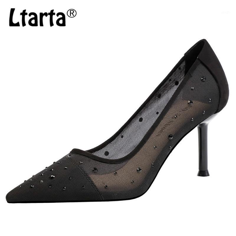 

LTARTA 7.5CM 2020 Summer Fashion Pointed Rhinestone Mesh High Heels Shallow Mouth Breathable Banquet Women's Shoes LSJ1, Black