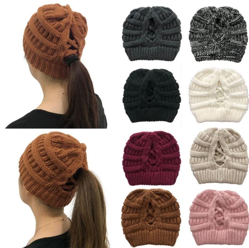 

2020 Hat winter women's knitted hat hedging cap hats for women Cross Knit Back Opening Ladies Woolen Warm, White