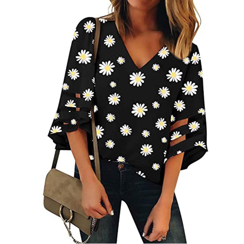 

Women' Blouse Hollow Out Cross V Neck Shirts Women Mesh Panel Blouse 3/4 Bell Sleeve Loose Tops Summer Casual Fashion 2020, Black