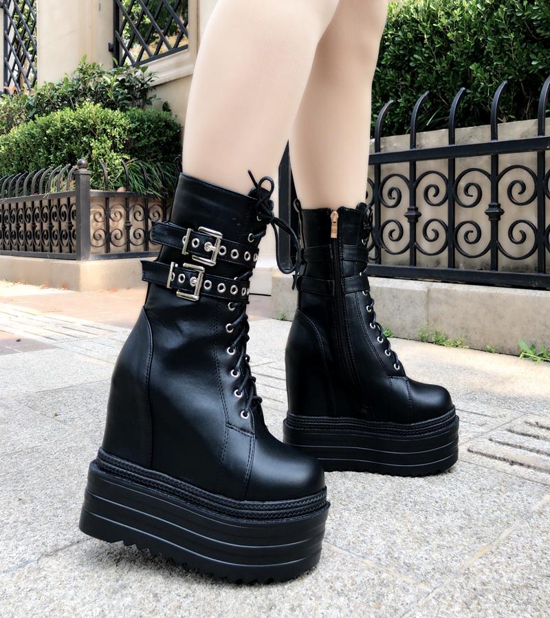 

Winter Increases Heel Women's Abkle Boots Thick Bottom Wedges 13cm High Heel Platform Shoes Black Boots Female