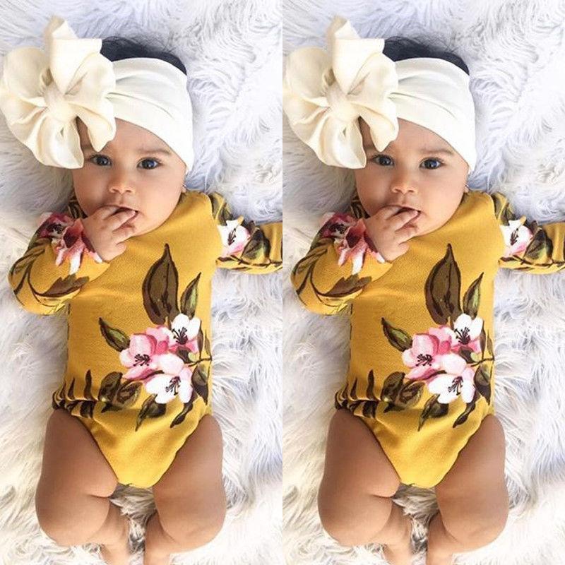 

New Cute Printed Floral Newborn Baby Girl Clothes 2PCS Kids Infant Girls Long Sleeve Bodysuit Jumpsuit Cotton Outfits1, Yellow