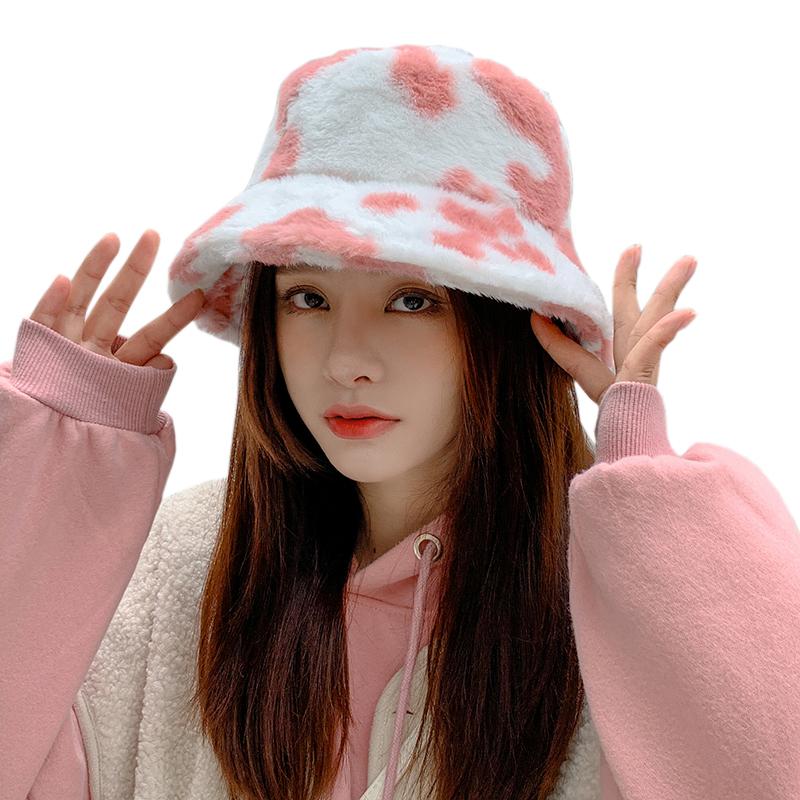

2020 New Fashion Korean Pink Cow Print Bucket Hat Faux Fur Winter Hats For Women Warm Plush Fisherman Caps, Striped