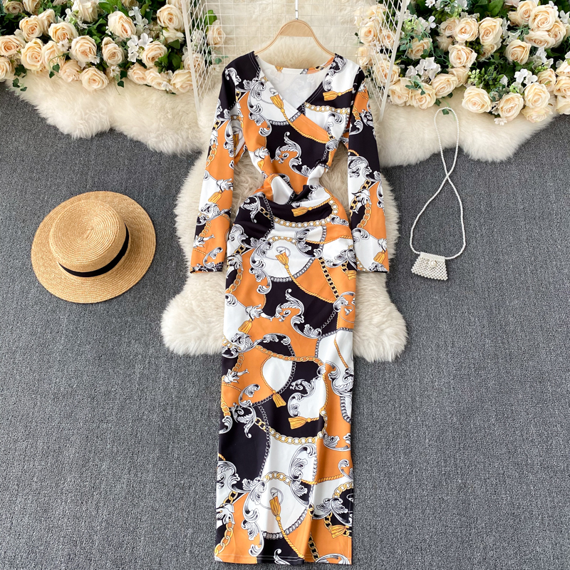 

2021 New Singreingy female design retro print maxi fashion long-sleeve dress thin autumn chic streetwear long dresses HIY2, Blue