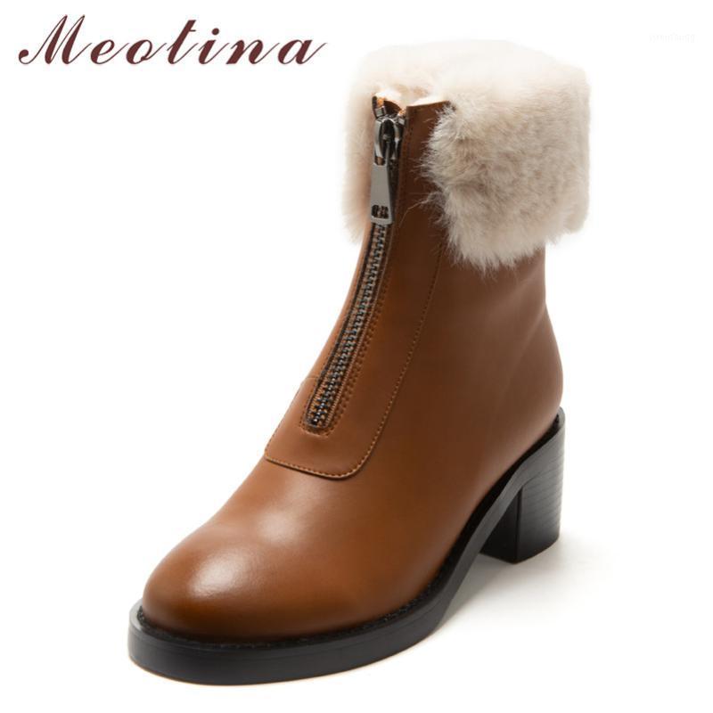 

Meotina Women Snow Boots Shoes Genuine Leather High Heel Short Boots Zip Chunky Heels Lady Warm Ankle Winter Brown Black1, Black